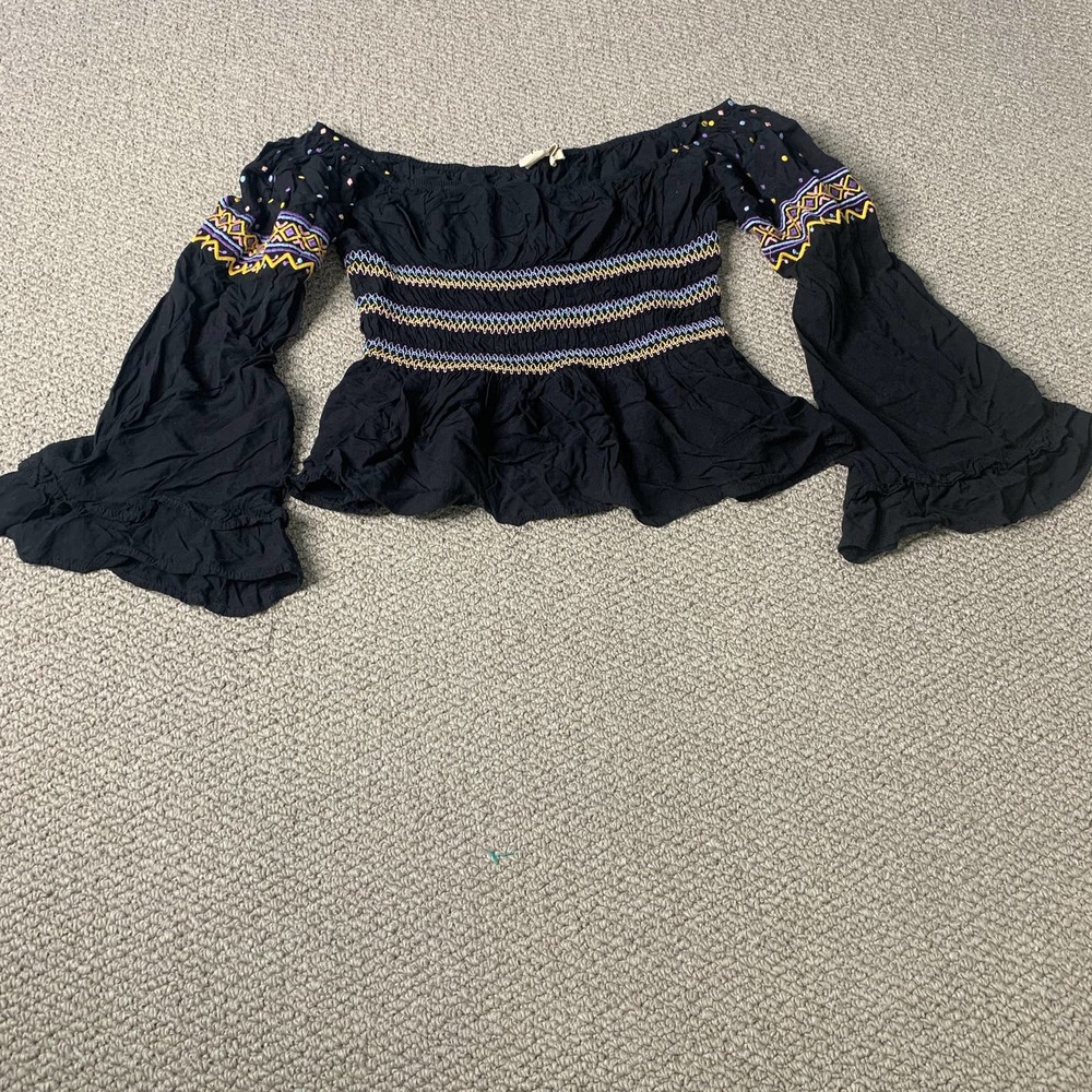Savanna Jane Womens Blouse Size Medium Black Embroidered‎ Smocked Bell Sleeves